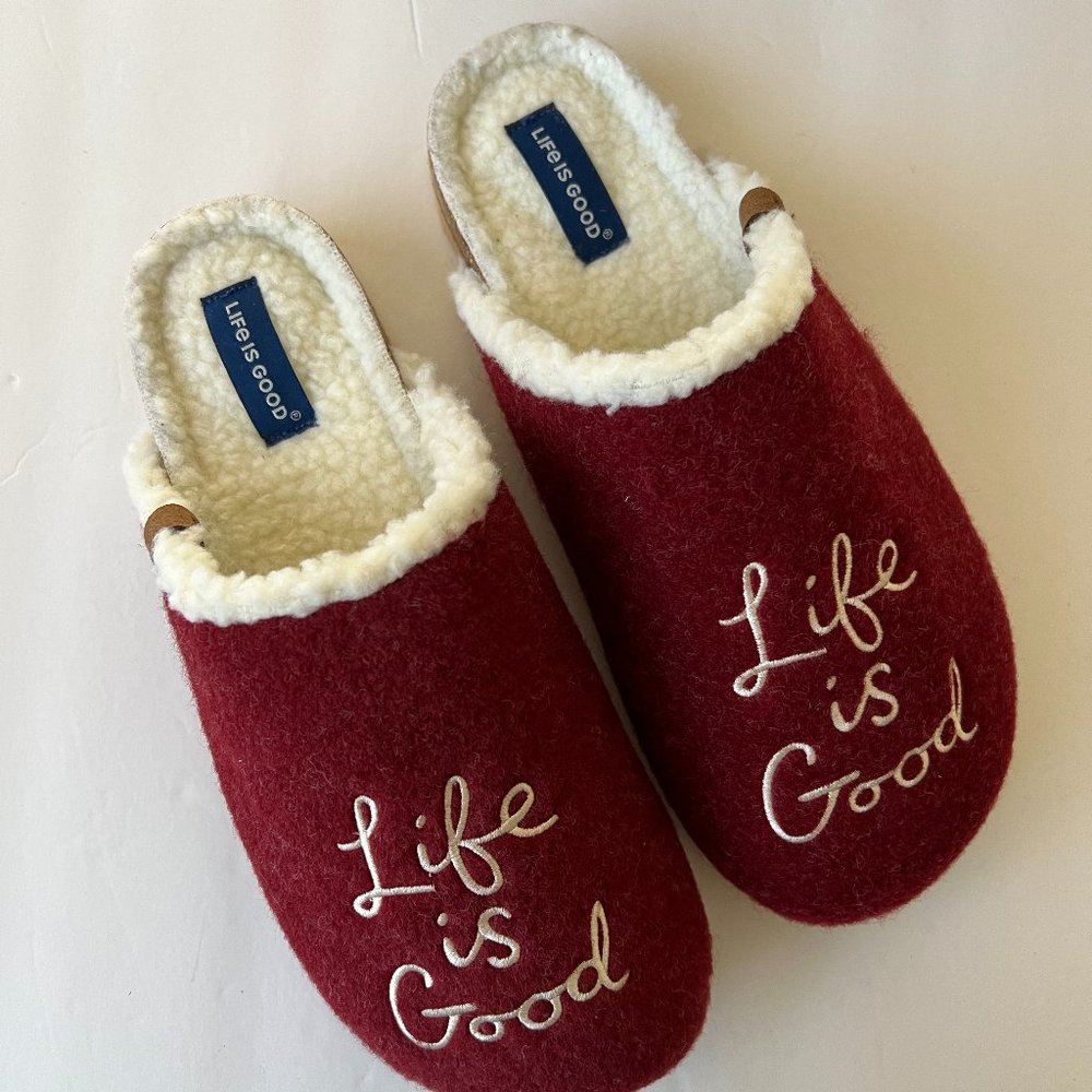 LIFE IS GOOD Women's "Life is Good" Felt Cork Slippers NIB Size 10